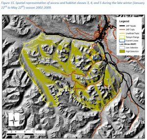 Overlap of trails with high value 'late winter' caribou habitat in Jasper's Tonquin range, Figure 15, Schmiegelow 2014.