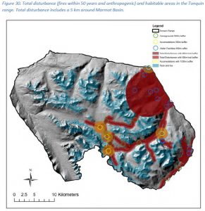 Buffered human disturbance impacts in habitable areas of Jasper's Tonquin caribou range. Figure 30, Schmiegelow 2014.