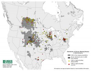 Distribution of CWD in North America, May 2021.© Bryan Richards, USGS National Wildlife Health Center