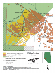Map 1: Imminent Proposed Cutblocks in Moon Creek Area of West Fraser Hinton Forestry Tenure. Source: Alberta Wilderness Association.
