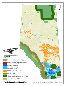 Map of Alberta with scenario 1 restrictions and "pristine viewscape" buffers. 