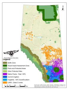 Map of Alberta showing scenario 2 restrictions and "pristine viewscape" buffer zones. 