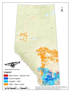 Map of Alberta with colored sections describing various restrictions. 