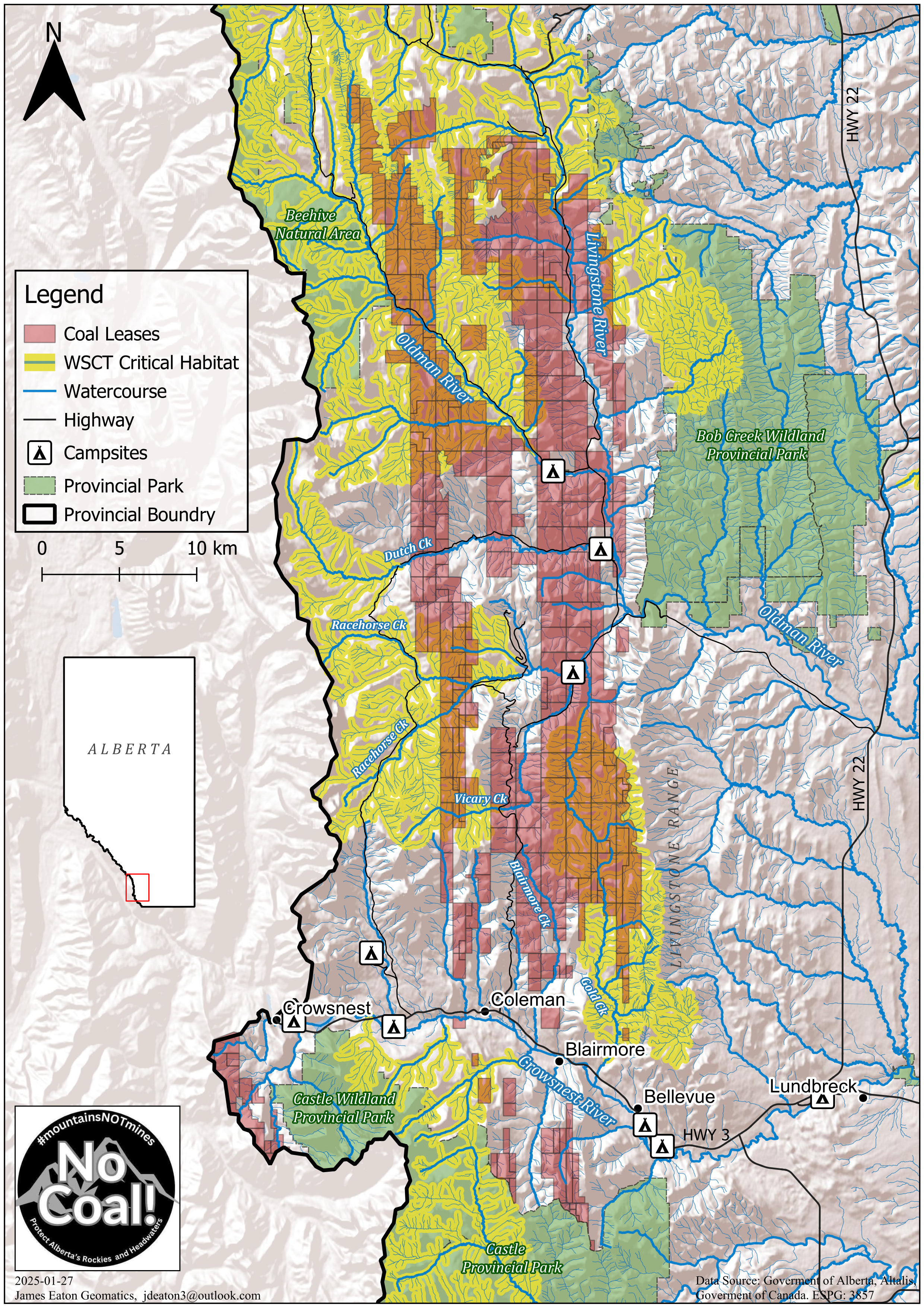 Extent of recently re-activated coal leases in the Livingstone Range and throughout critical habitat of the Westslope Cutthroat Trout. Map c/o James & Kelly Eaton.